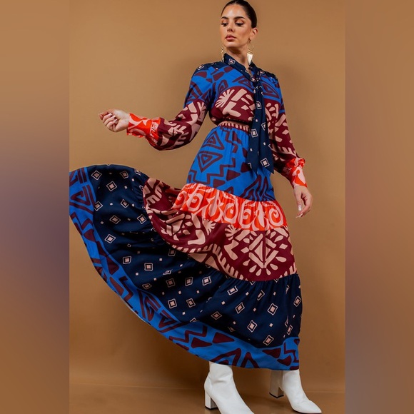 Dresses & Skirts - NWOT Bow Tie Blouse and Tiered Maxi Skirt Set in Multi Colors